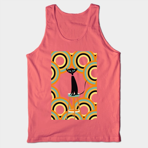 Black Cat Surrounded by Retro Shapes Tank Top by Lisa Williams Design